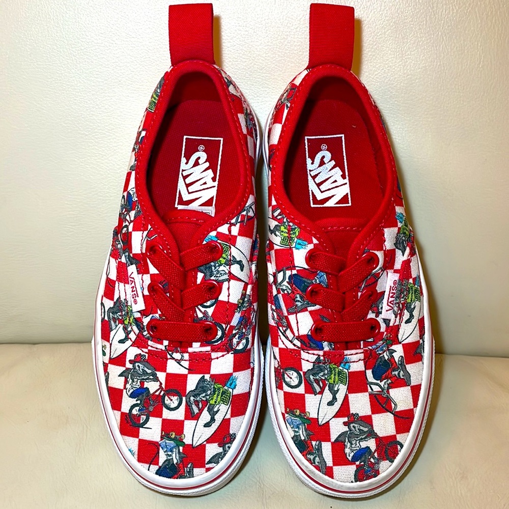 Vans Kids Red Checked Slip Ons with Shark Motif